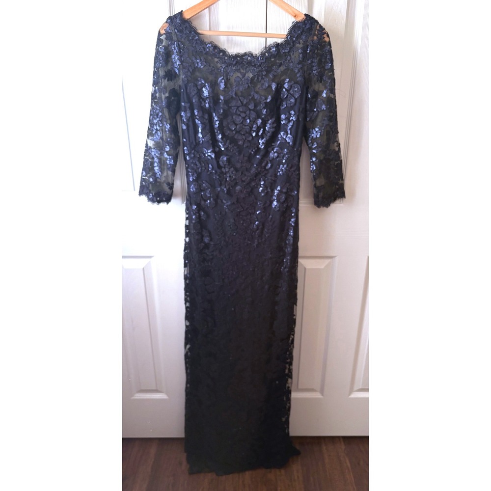 TADASHI SHOJI Navy Blue Sequins Long Sleeve Full Length Gala MOB Formal Dress 8